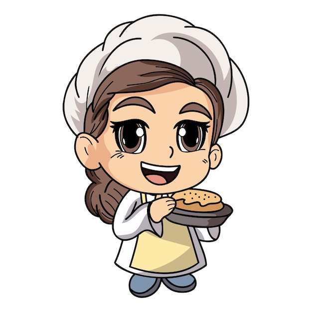 Personaje de chef femenino feliz con ilustración de comida en estilo garabato