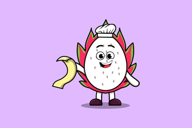 Personaje de chef de fruta de dragón de dibujos animados lindo con menú en mano Ilustración de diseño de estilo lindo