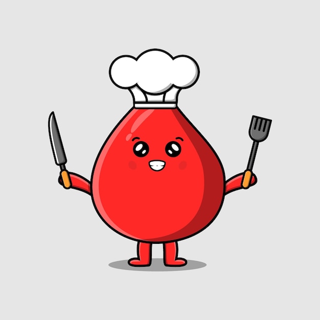 Personaje de chef de gota de sangre de dibujos animados lindo con cuchillo y tenedor en ilustración de dibujos animados plana