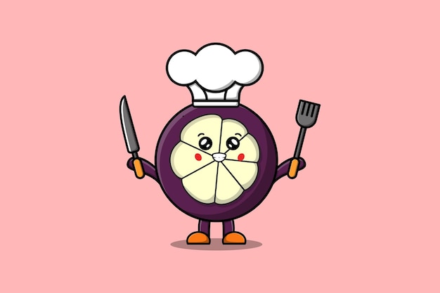 Personaje de chef de mangostán de dibujos animados lindo con cuchillo y tenedor en ilustración de estilo de dibujos animados plana