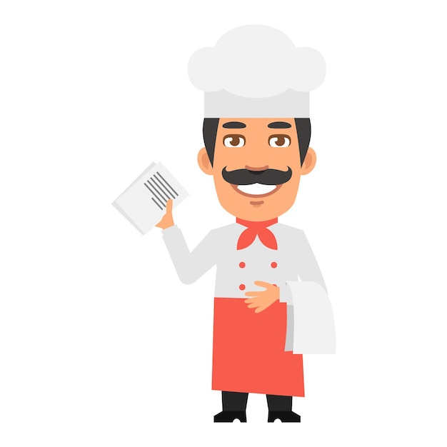 El personaje del chef con notas y toalla y sonriendo
