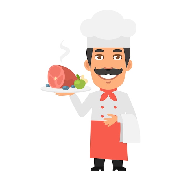 El personaje del chef sosteniendo una bandeja de carne y una toalla y sonriendo