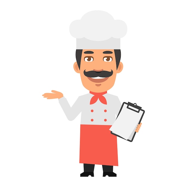 El personaje del chef sosteniendo la tableta y señalando la mano y sonriendo