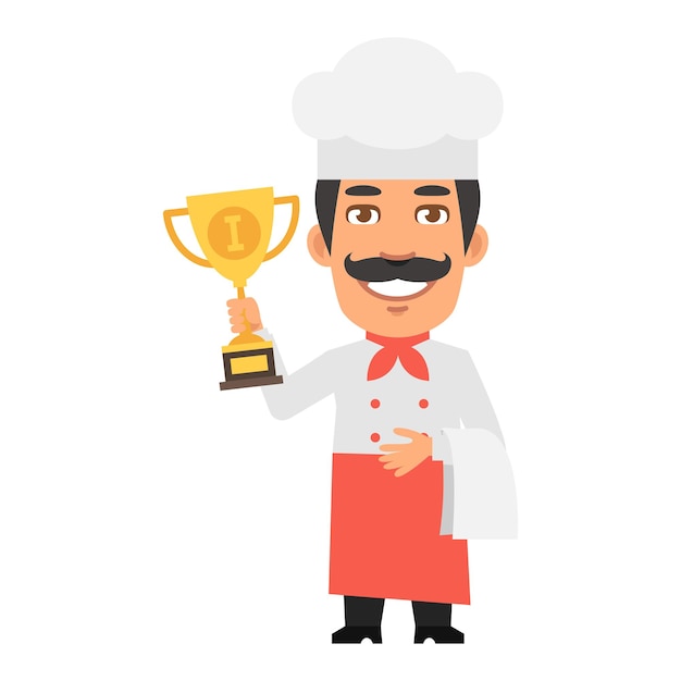 El personaje del chef sosteniendo una taza dorada y una toalla y sonriendo