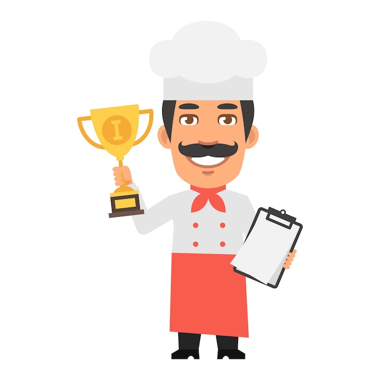 Vector el personaje del chef sosteniendo una taza de oro y una tableta y sonriendo