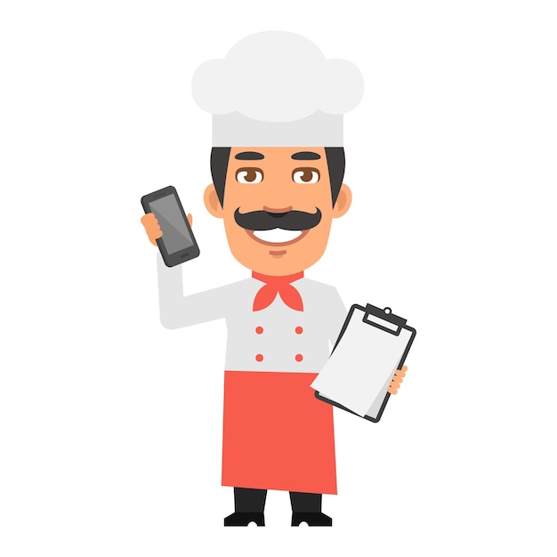 Personaje de chef sosteniendo un teléfono inteligente y una tableta y sonriendo
