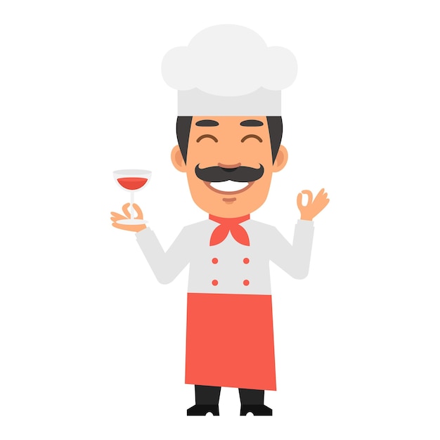 El personaje del chef sosteniendo un vaso de vino y mostrando un gesto de acuerdo y sonriendo