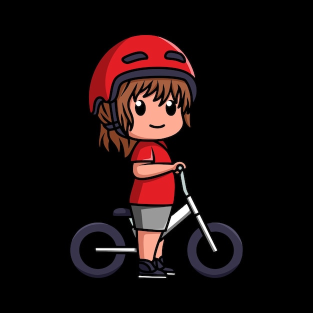 El personaje de Chibi kawaii de una niña pequeña montando una bicicleta de equilibrio o una bicicleta de empuje en fondo negro