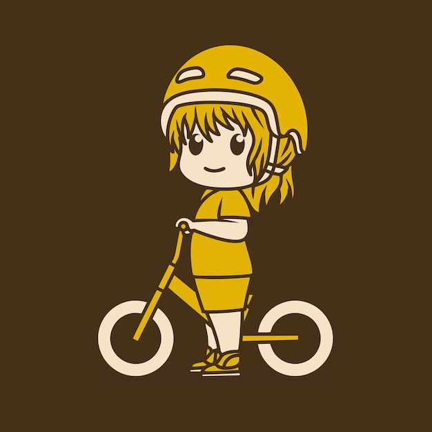 El personaje de Chibi kawaii de una niña pequeña montando una bicicleta de equilibrio o una bicicleta de empuje en un fondo oscuro
