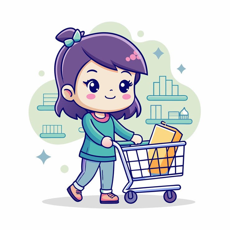 El personaje de una chica asiática linda que lleva un carrito de compras