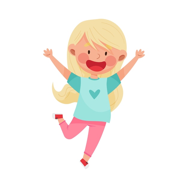 Vector personaje de chica con cabello rubio saltando alto con alegría y emoción ilustración vectorial