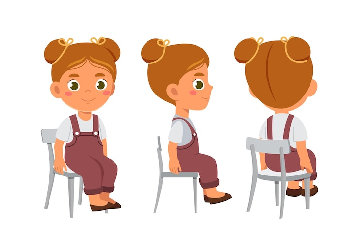 Vector personaje chica conjunto niño con ropa casual en sillas escolar y preescolar paquete para animaciones etiqueta de redes sociales colección de vectores planos de dibujos animados aislados en fondo blanco