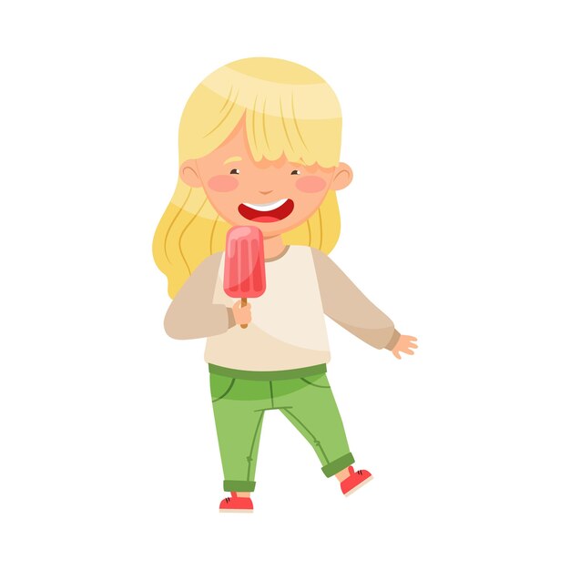 Personaje de chica divertida sosteniendo palomitas o hielo de frutas Ilustración vectorial