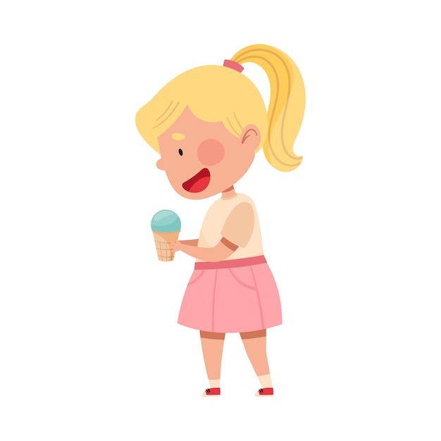 Personaje de chica emocionada sosteniendo helado en la ilustración vectorial de la taza de wafer