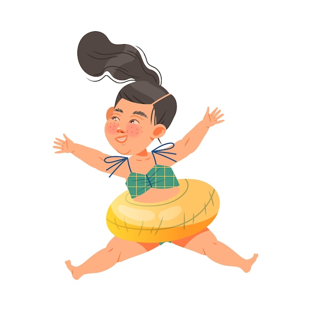 Personaje de chica feliz en traje de baño y anillo de goma nadando o flotando en el vector de agua de mar