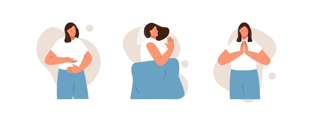 Personaje de chica fitness que lleva un estilo de vida saludable. sueño, meditación y respiración. Hábitos útiles