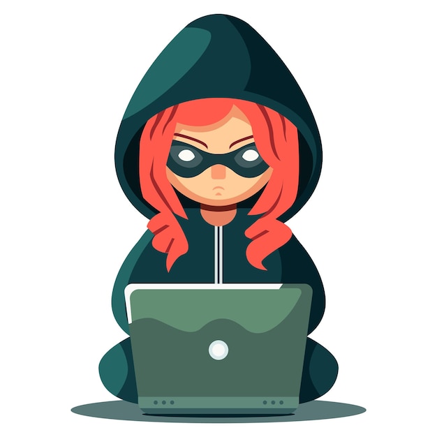 Personaje de chica hacker con laptop enmascarada y cabello rojo.