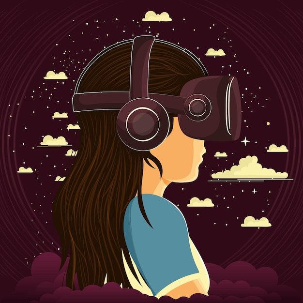 Vector personaje de chica joven que usa auriculares vr sobre fondo de nubes de color rosa oscuro