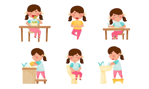 Personaje de chica linda comiendo brócoli para el desayuno haciendo yoga y lavando platos Conjunto vectorial