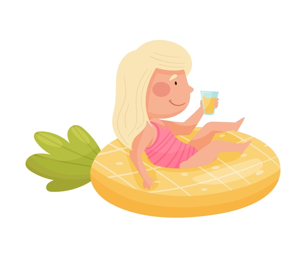 Personaje de chica linda descansando en un anillo de natación de goma y bebiendo jugo Ilustración vectorial
