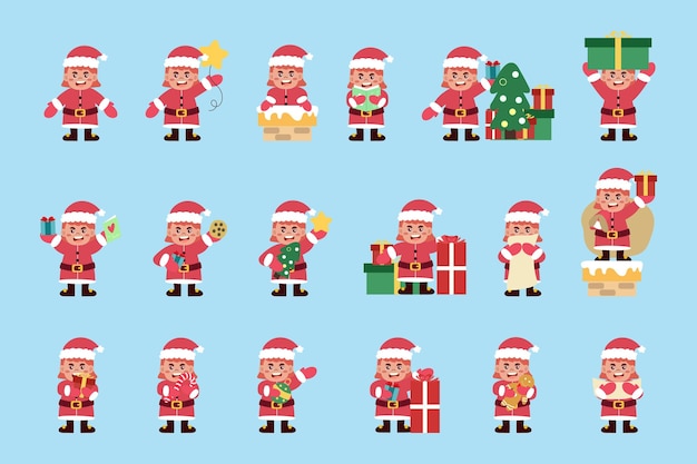 El personaje de la chica linda que usa la colección de trajes de Santa con diseño plano para Navidad