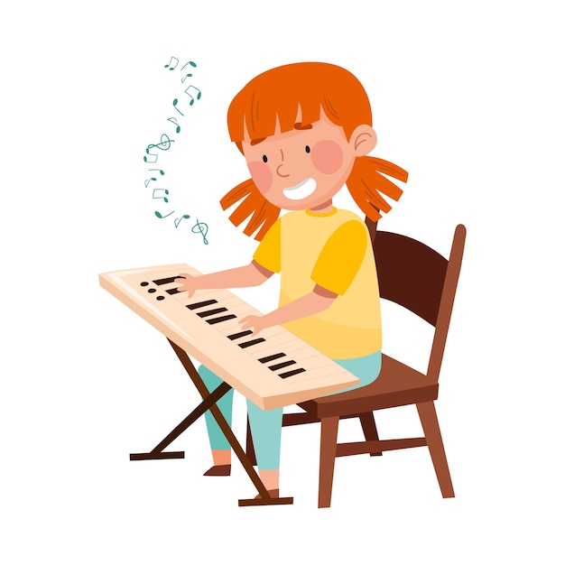 Personaje de chica pelirroja sentada en una silla y tocando el teclado en la lección de música Ilustración vectorial