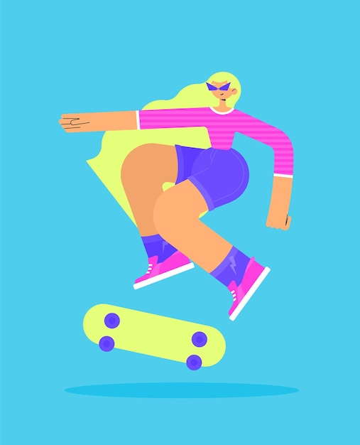 Vector personaje de una chica rubia feliz haciendo un truco de salto en una patineta