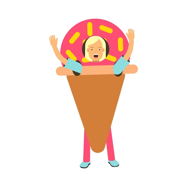 Personaje de chica rubia joven de pie con disfraz de helado y agitando la mano ilustración vectorial