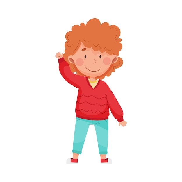 Personaje de chica sonriente saludando agitando la mano y diciendo hola Ilustración vectorial