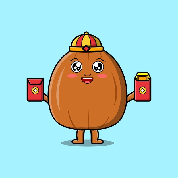 Personaje chino de dibujos animados lindo almendra nuez con ilustración de icono de vector de paquetes rojos