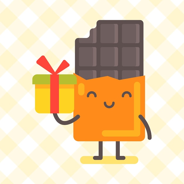 Personaje de chocolate con caja de regalo y sonriente Personaje divertido