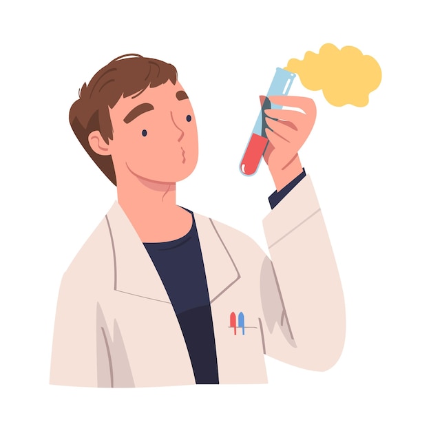 Personaje científico en abrigo blanco sosteniendo una botella de vidrio Ilustración vectorial