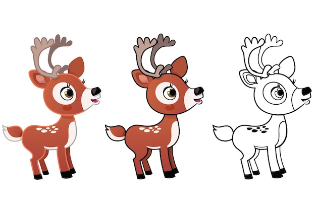 Personaje de ciervo de dibujos animados en diferentes estilos de contorno ilustración vectorial