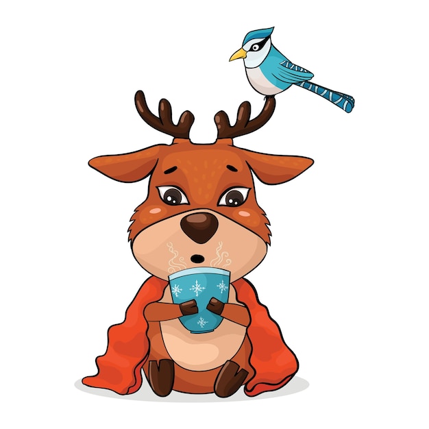 Vector un personaje de ciervo de navidad se sienta envuelto en una cómoda manta de renos tarjetas de año nuevo bebiendo cacao