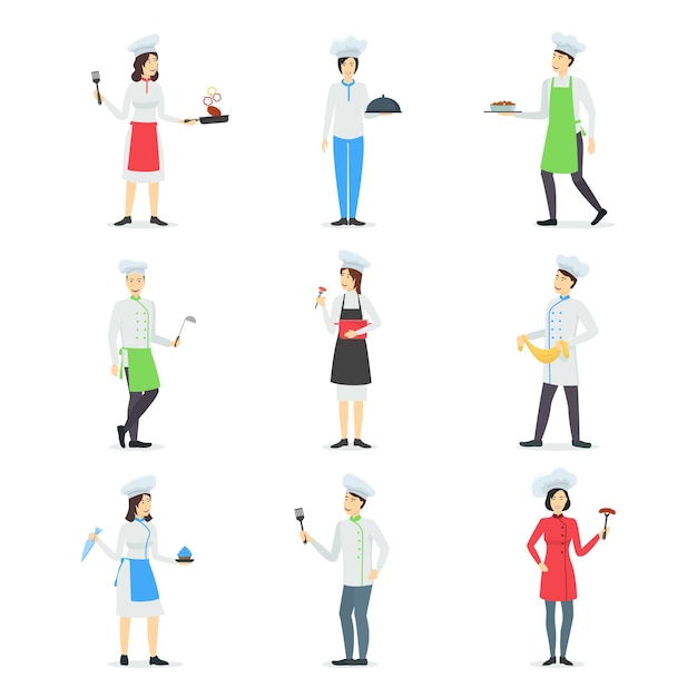 Personaje de cocina profesional de dibujos animados Personas Hombre y mujer en uniforme Personal del restaurante Concepto de diseño plano Ilustración vectorial