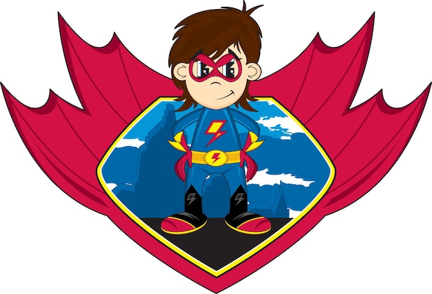 Personaje de cómic de superhéroe enmascarado heroico de dibujos animados en ilustración de escudo