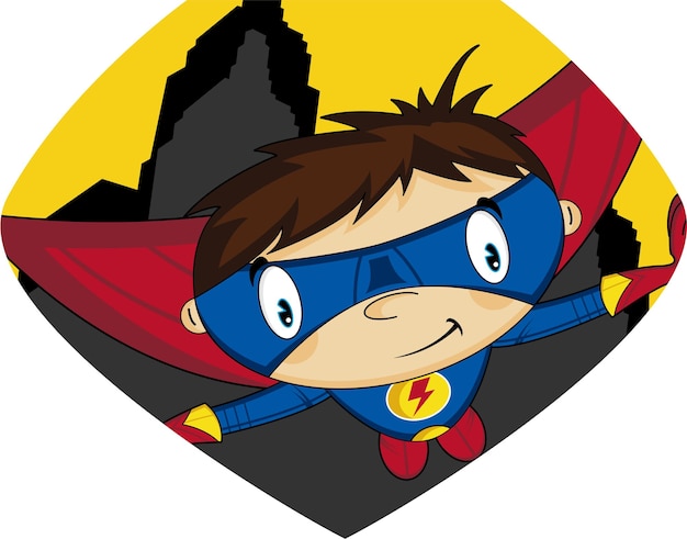 Personaje de cómic de superhéroe heroico de dibujos animados en escudo con rascacielos