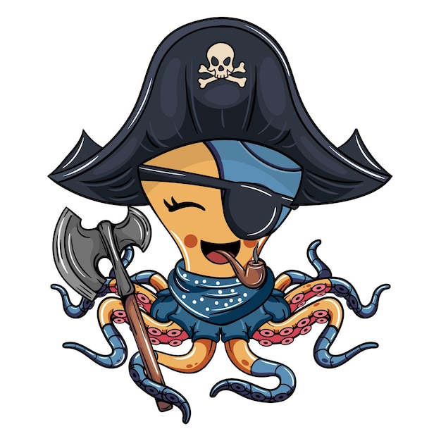 Vector personaje cómico de dibujos animados de tímido pulpo cyborg pirata con sombrero tricornio fumando una pipa con un hacha de guerra