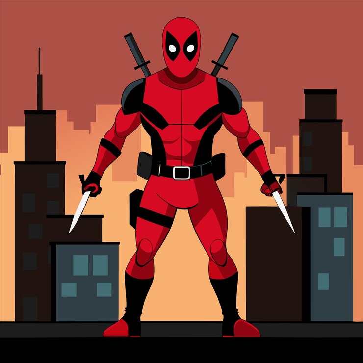 Vector un personaje de cómics deadpool con cuchillos en las manos