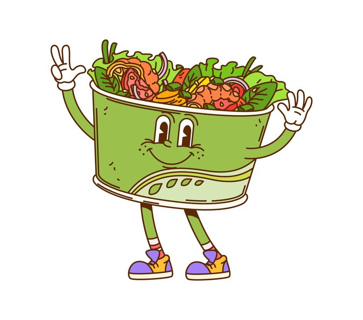 Vector el personaje de la comida rápida de la ensalada hippie de dibujos animados