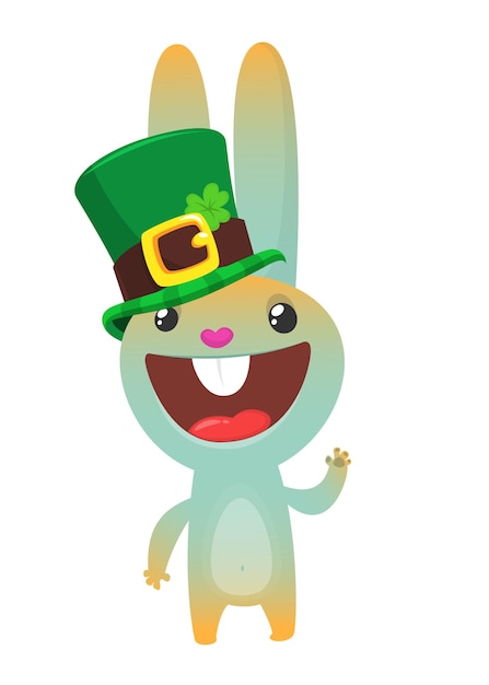 Personaje de conejito feliz de dibujos animados con sombrero de san patricio con un trébol