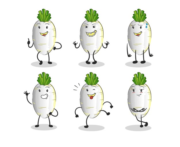 personaje de conjunto feliz de rábano blanco. vector de mascota de dibujos animados