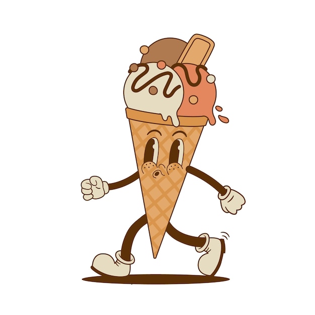 Personaje de cono de helado de dibujos animados retro en estilo de ranura Mascota de comida congelada dulce vintage