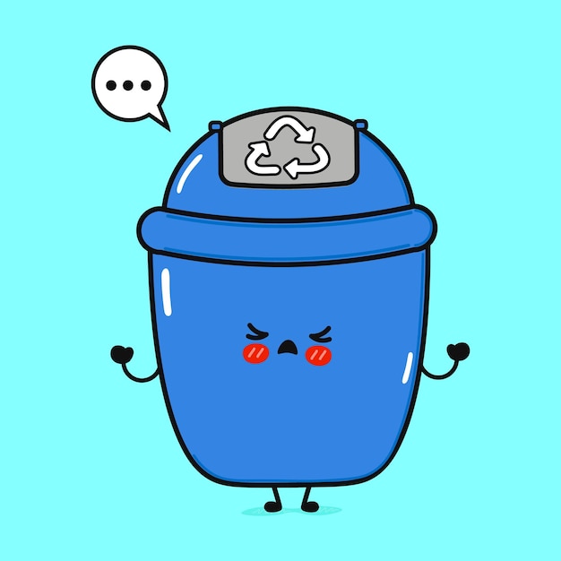 Un personaje de contenedor de reciclaje azul lindo y descontento expresa su descontento en un cian brillante