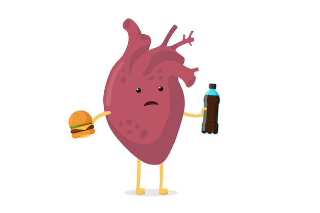 Personaje de corazón de dibujos animados enfermo malsano triste con botella de bebida de soda de comida rápida y hamburguesa humana