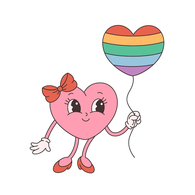 Personaje de corazón de dibujos animados retro de moda. groovy, vintage, estética de los años 70 y 60. día de san valentín, lgbtq