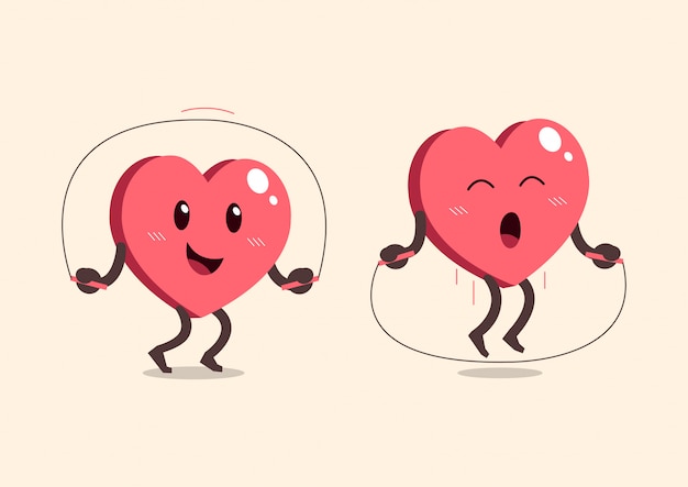 Personaje de corazón de dibujos animados saltar la cuerda