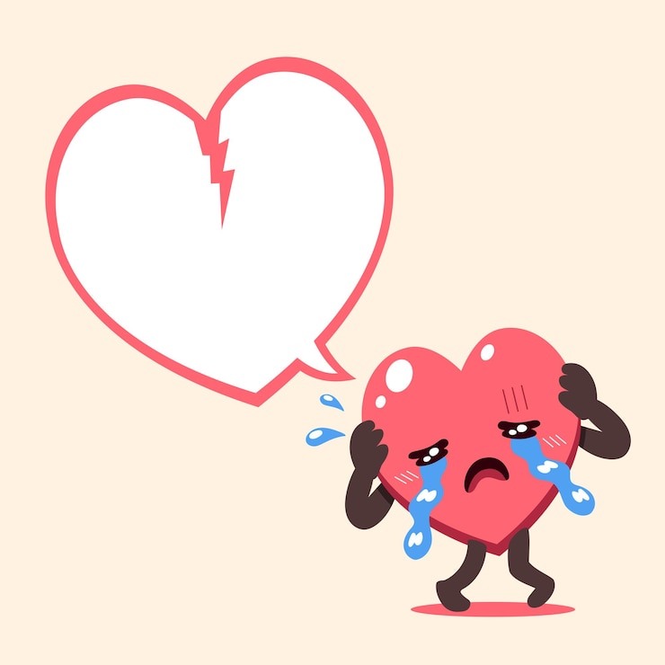 Vector personaje de corazón llorando de dibujos animados de vector con burbuja de habla blanca