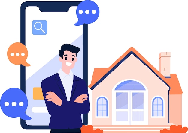 Personaje de corredor de casas dibujado a mano con teléfono inteligente En Concept Real Estate Online en estilo plano aislado en el fondo
