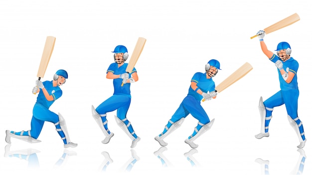 Personaje de cricket bateador en diferentes poses.